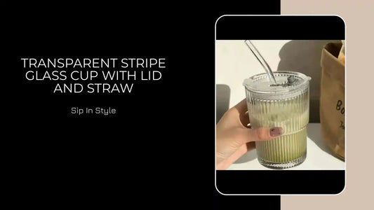 Transparent Stripe Glass Cup with Lid and Straw by@Outfy