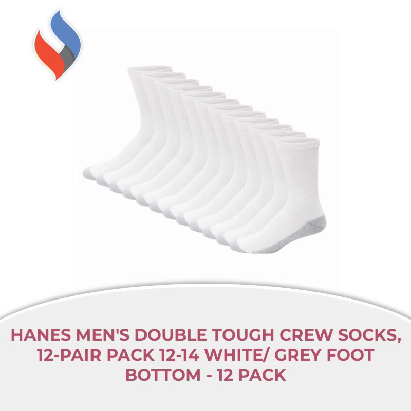 Hanes Men&#039;s Double Tough Crew Socks, 12-Pair Pack 12-14 White/ Grey Foot Bottom - 12 Pack by@Outfy