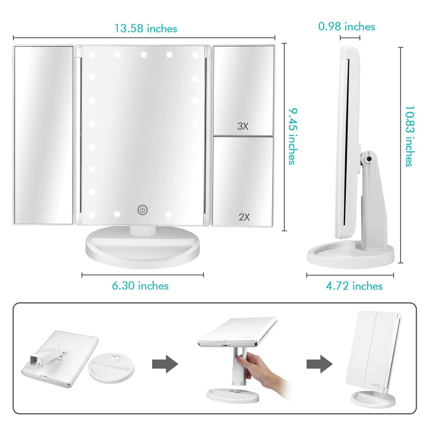 Miroir de courtoisie éclairé à trois volets avec lumières LED et grossissement – ​​Parfait pour les voyages et la maison