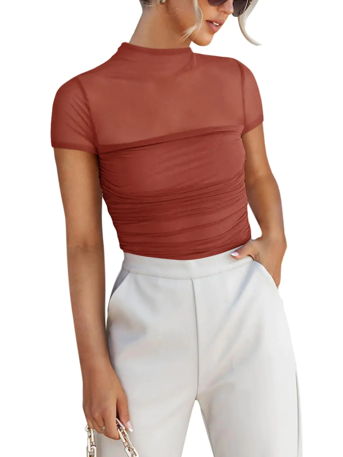 REORIA Women's Sexy Mock Turtle Neck Short Sleeve Bodysuit - Sheer Mesh Ruched Trendy Top in Rusty Red - Vivareflex Online