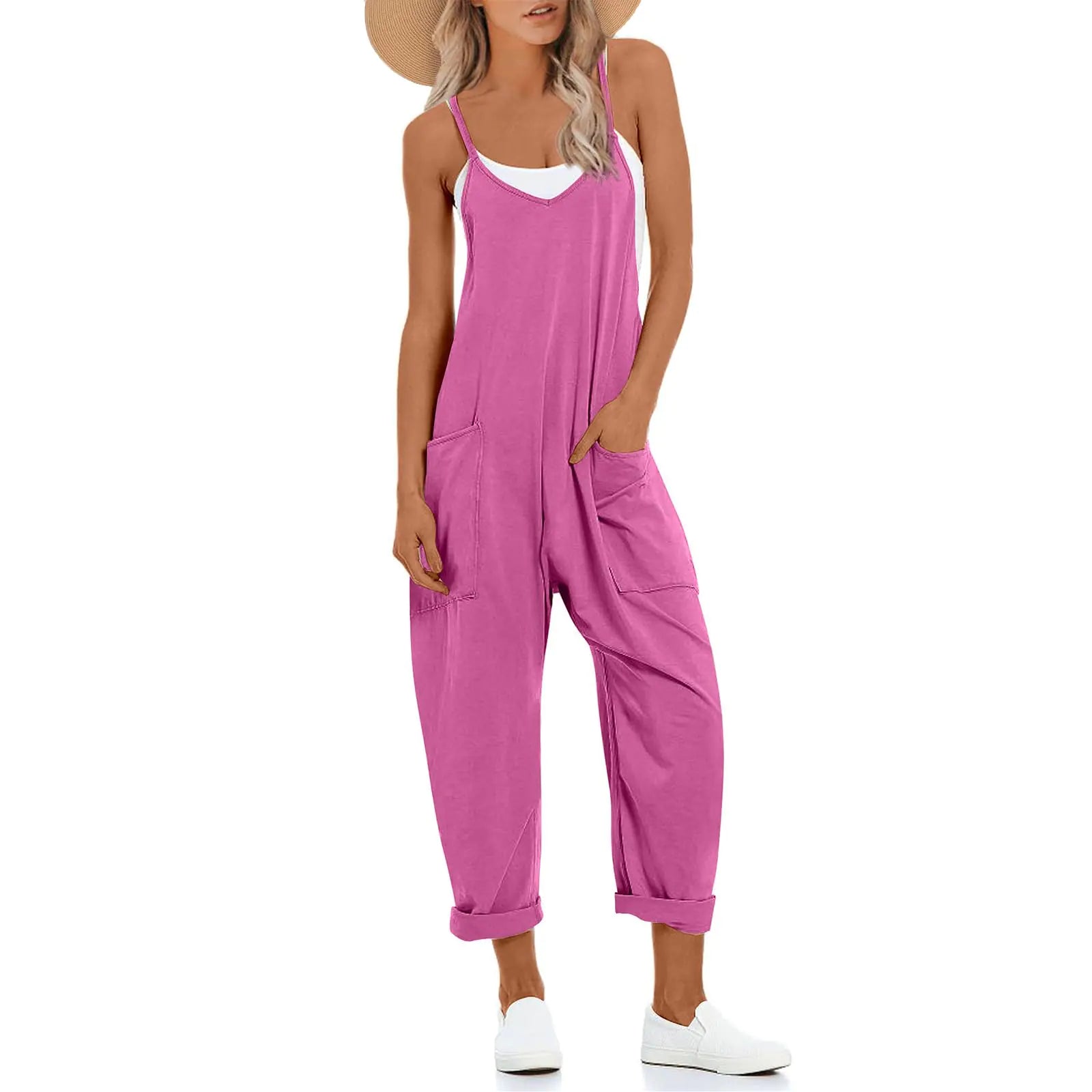 One Piece Jumpsuits for women V Neck Sleeveless Loose Fit overalls Spaghetti Strap Harem Long Pants with Pockets Purple Pink X-Large - Vivareflex Online