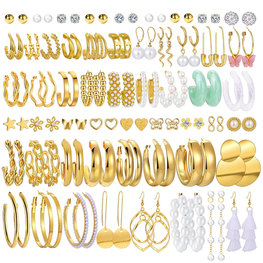 42 Pairs Gold Hoop Earrings Set for Women, Fashion Chunky Pearl Earrings Multipack Twisted Statement Earring Pack, Hypoallergenic Small Big Hoops