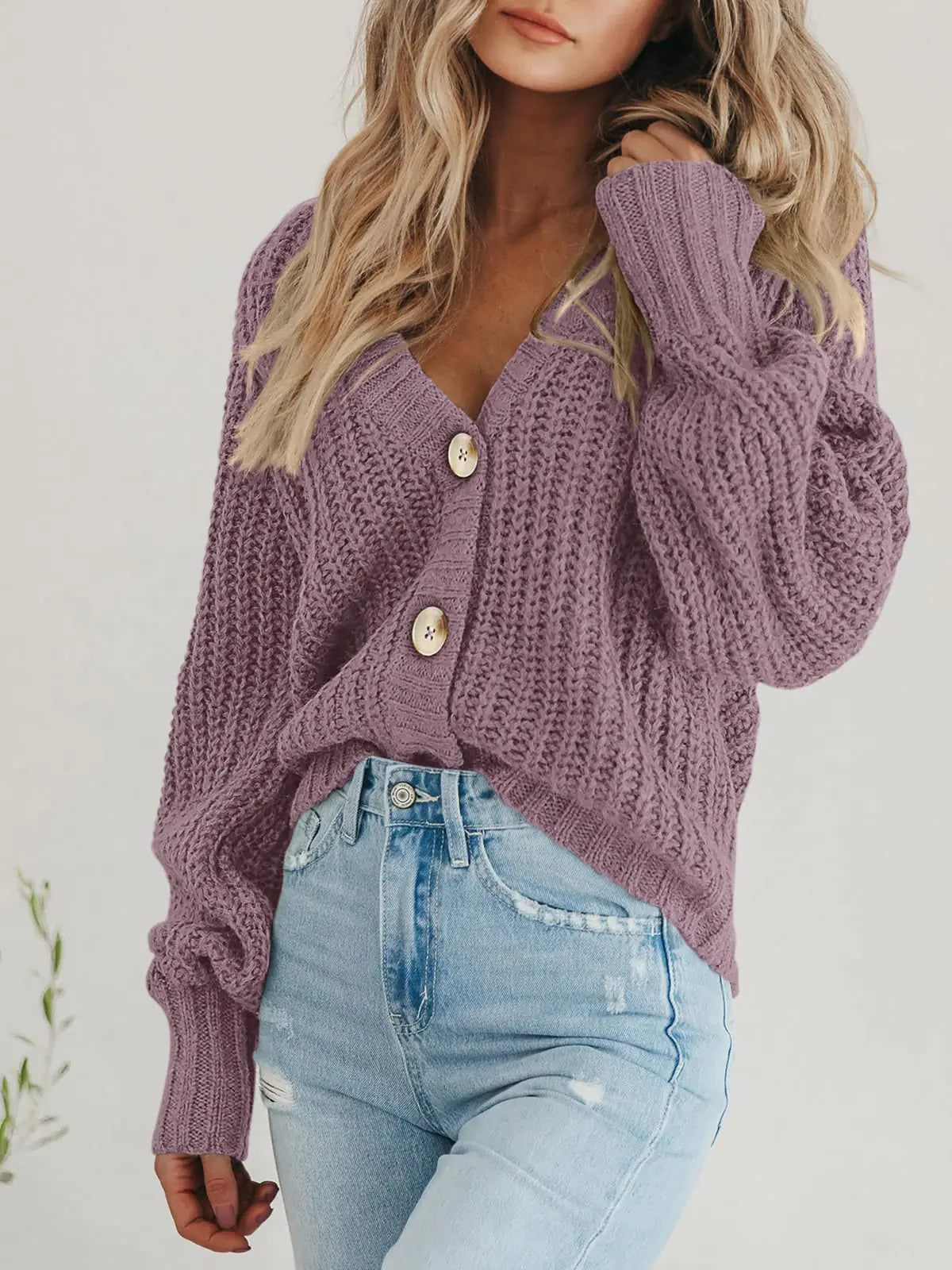 PRETTYGARDEN Pull en tricot épais ouvert sur le devant pour femme, manches longues, boutons, cardigan court ample, vêtements d'extérieur, manteaux, brume d'orchidée moyenne