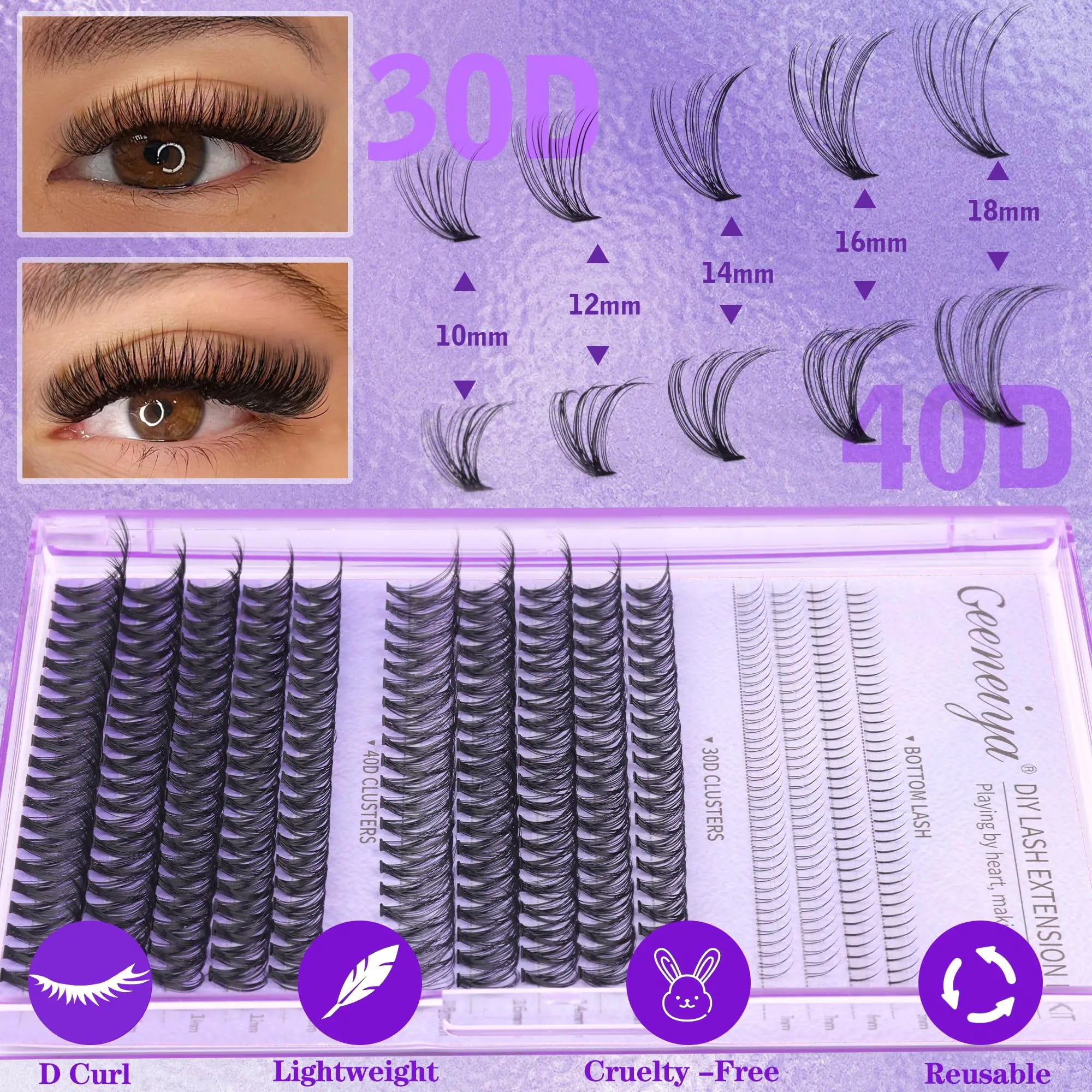 Spiky Wispy Lash Clusters, Bottom Cluster Eyelash Extensions, D Curl Individual Eyelashes, Natural Clusters Lashes for Women and Girls DIY at Home by Geeneiya (360PCS, 30D+40D+BOTTOM)