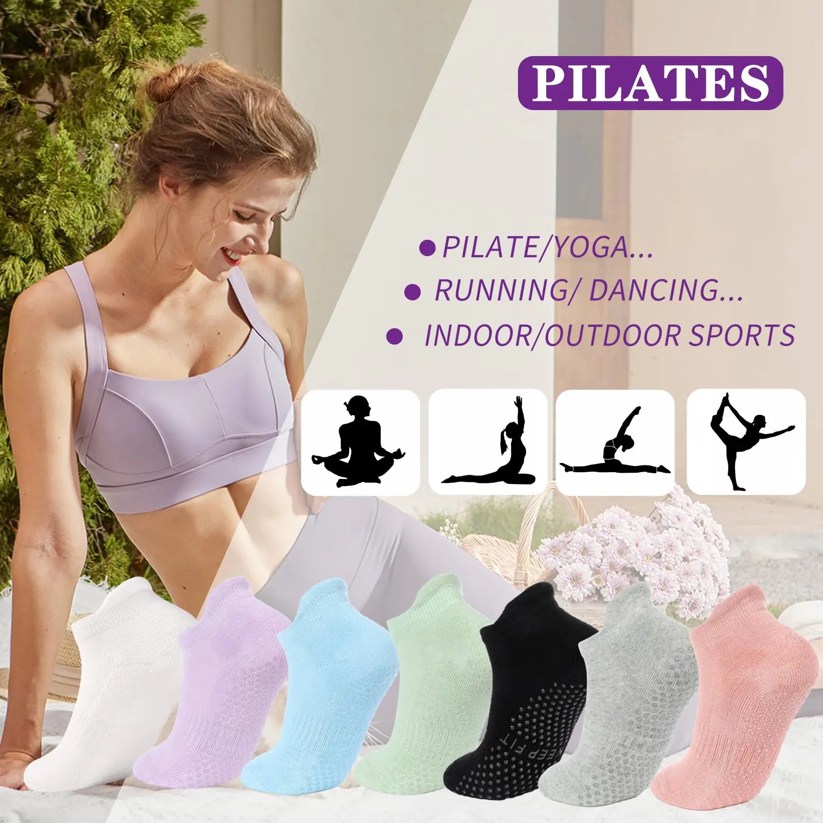 Chaussettes de yoga et pilates antidérapantes avec poignées pour femme en coton noir/blanc/rose