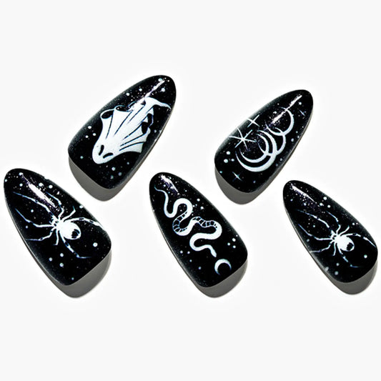 GLAMERMAID Press on Nails Medium Almond - Halloween Gothic Black Glue on Nails with Snake & Spider