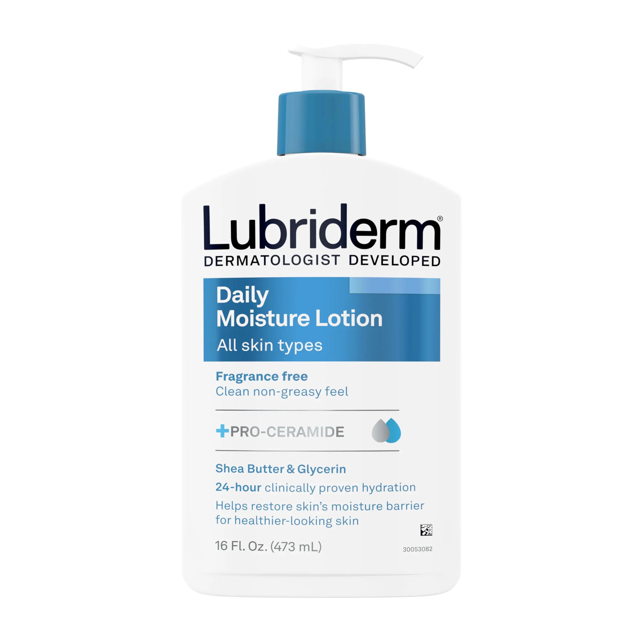 Loción hidratante diaria sin fragancia Lubriderm + Pro-ceramida, manteca de karité y glicerina, loción para rostro, manos y cuerpo para pieles sensibles, loción hidratante para una piel de aspecto más saludable, 16 fl. oz 