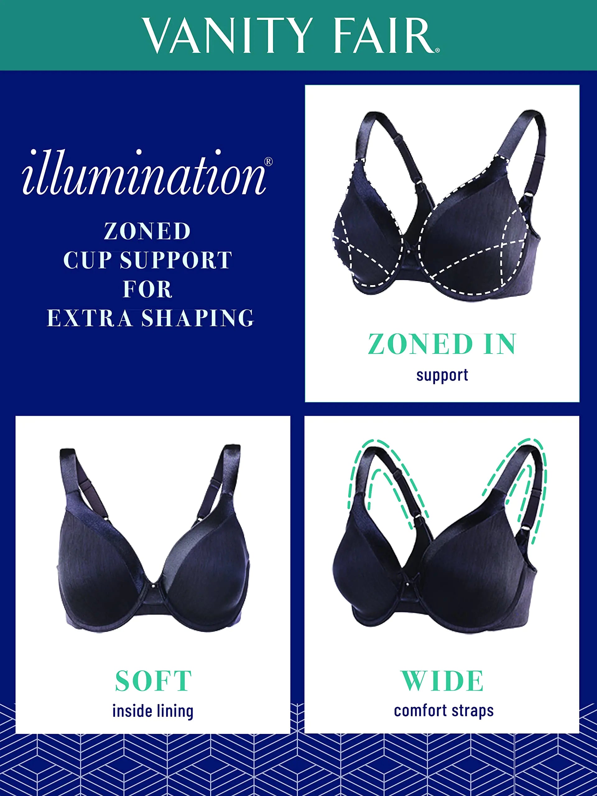 Vanity Fair Women's Illumination Full Figure Zoned-in Support Bra, Lightly Lined Cups up to DD 40DD Underwire - Navy - Vivareflex Online