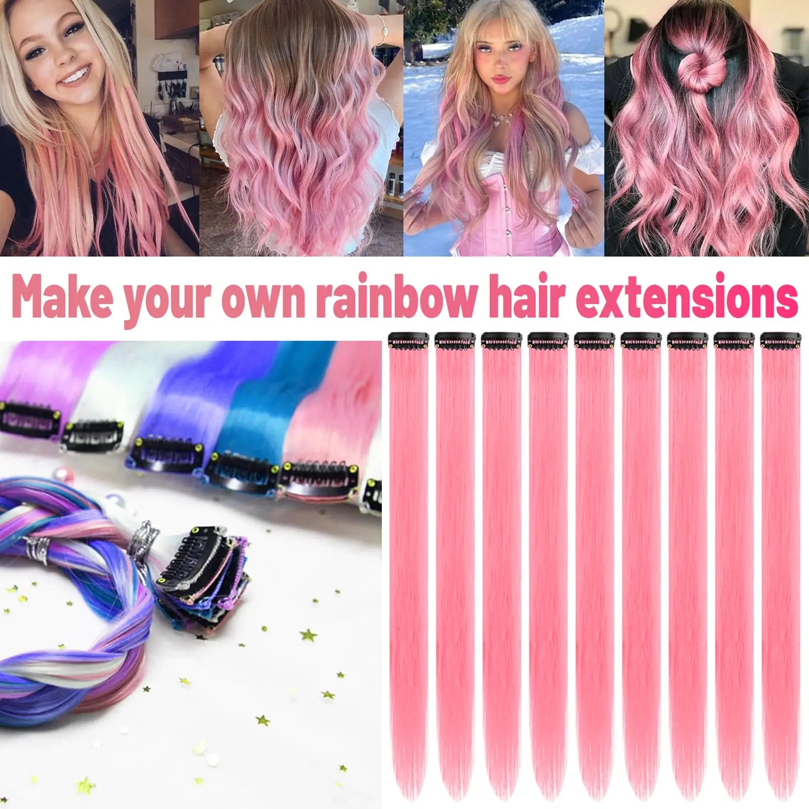 Extensions de cheveux colorés de 22 pouces, postiche lisse, mèches multicolores, extensions de cheveux synthétiques à clipser pour enfants et femmes, cadeau (10 pièces rose)