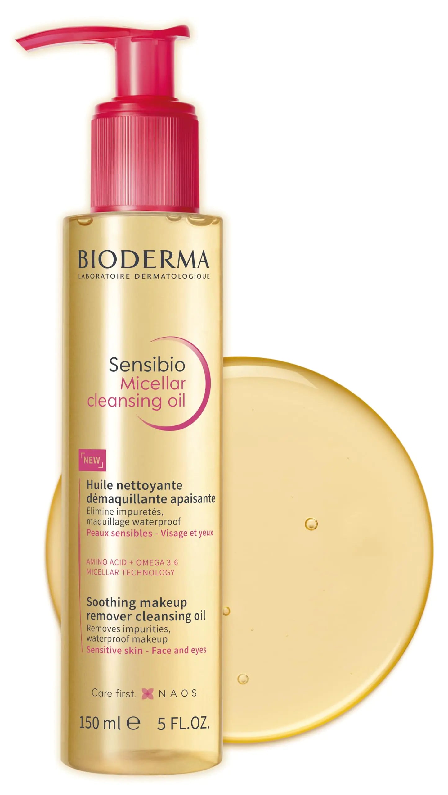 Aceite limpiador micelar Sensibio de Bioderma, el primer limpiador con aceite micelar ecobiológico que limpia profundamente, suaviza y nutre la piel con una textura de aceite a leche, sin fragancia y suave para la piel. 