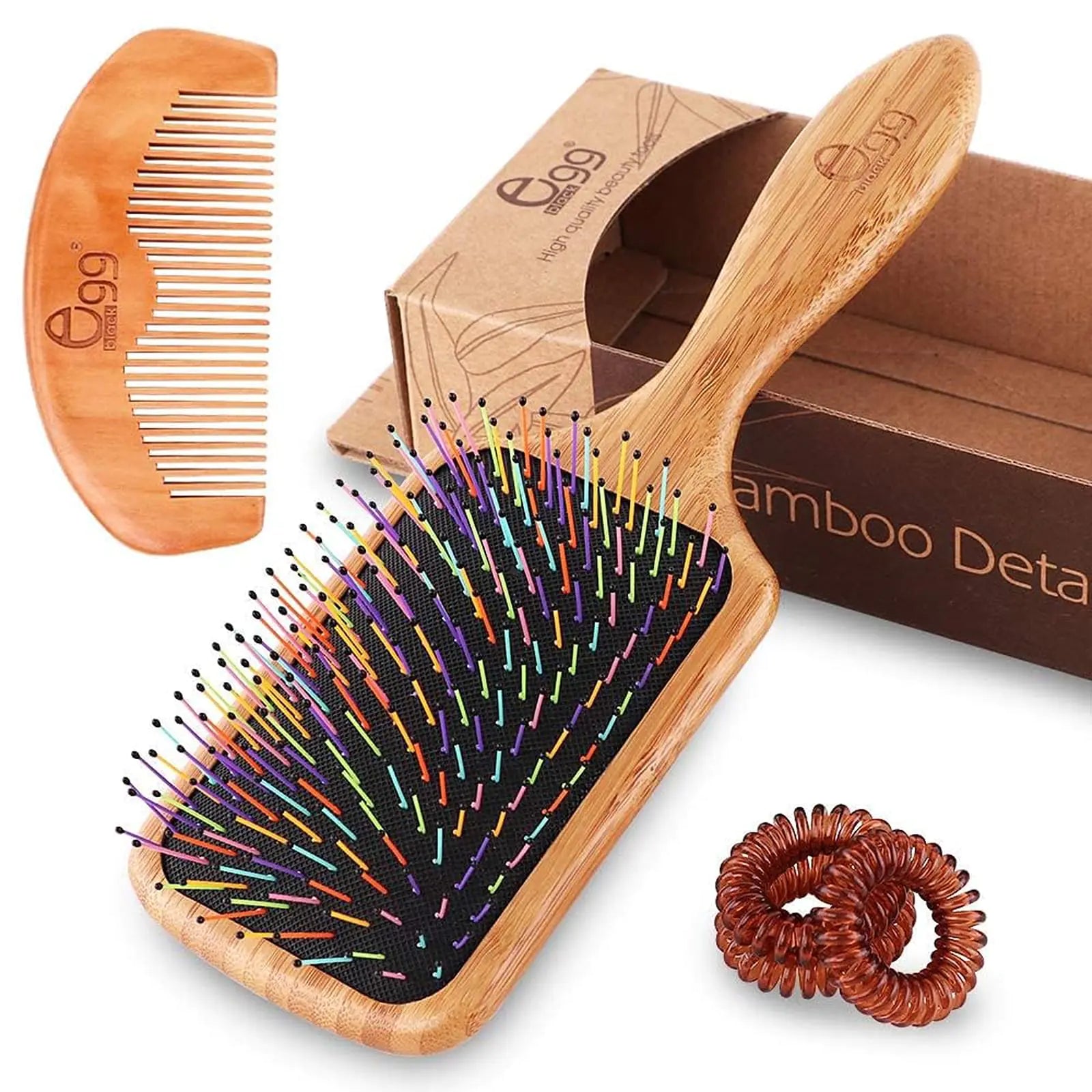 BLACK EGG Paddle Detangling Hair Brush for Women Girls, Rainbow Nylon Brush for Thick Thin Curly Hair, Includes Wooden Detangler Comb and 3 Hair Ties - Vivareflex Online