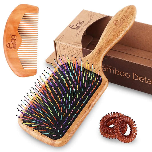 Brosse à cheveux démêlante BLACK EGG pour femmes et filles, brosse en nylon arc-en-ciel pour cheveux épais, fins et bouclés, comprend un peigne démêlant en bois et 3 élastiques à cheveux