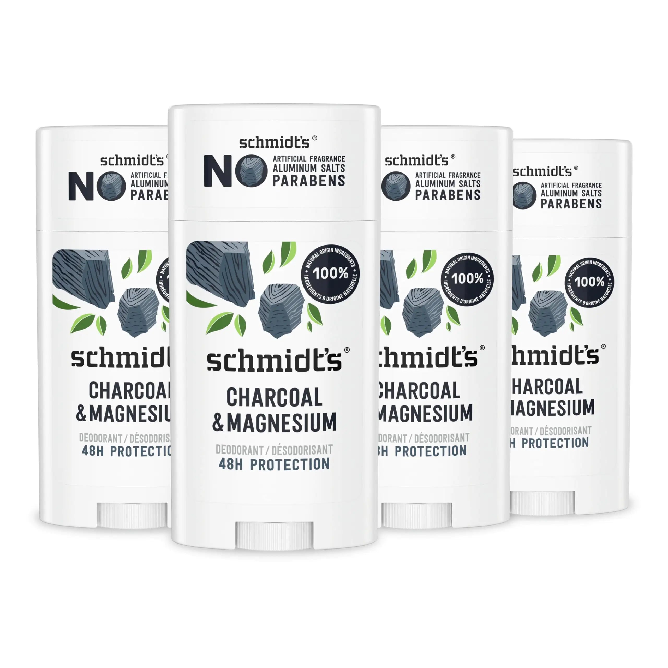 Desodorante vegano sin aluminio de Schmidt con carbón y magnesio que protege contra el mal olor las 24 horas, 4 unidades para mujeres y hombres, ingredientes naturales, sin crueldad animal, 2,65 oz 