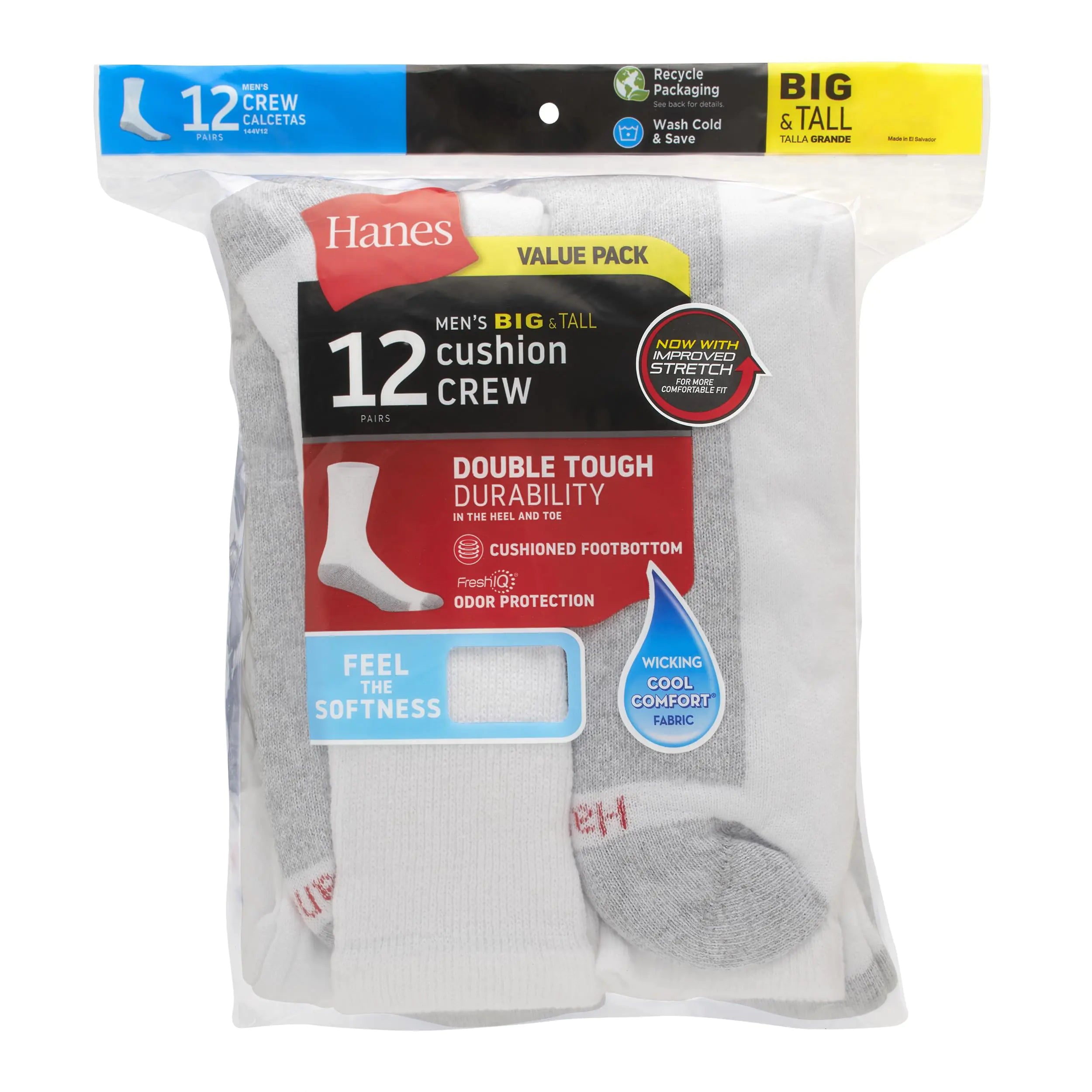 Chaussettes mi-mollet Double Tough pour hommes Hanes, lot de 12 paires, 12-14, blanc/gris, bas du pied - lot de 12