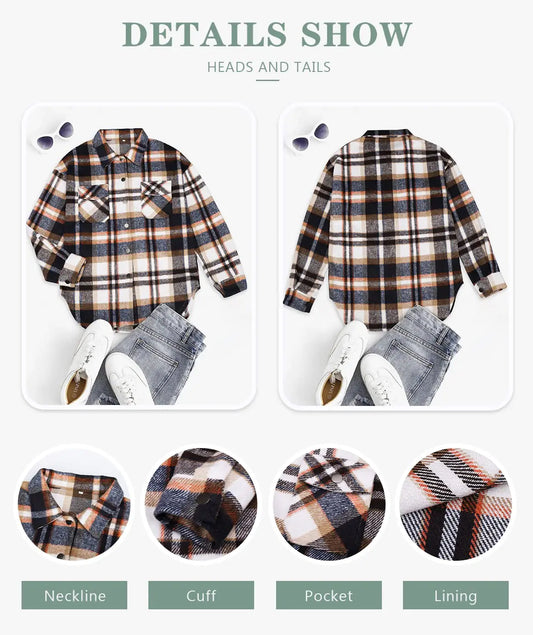 Beaully Women's Flannel Plaid Shacket Long Sleeve Button Down Shirts Jacket Coats with Side Pockets Orange X-Large - Vivareflex Online