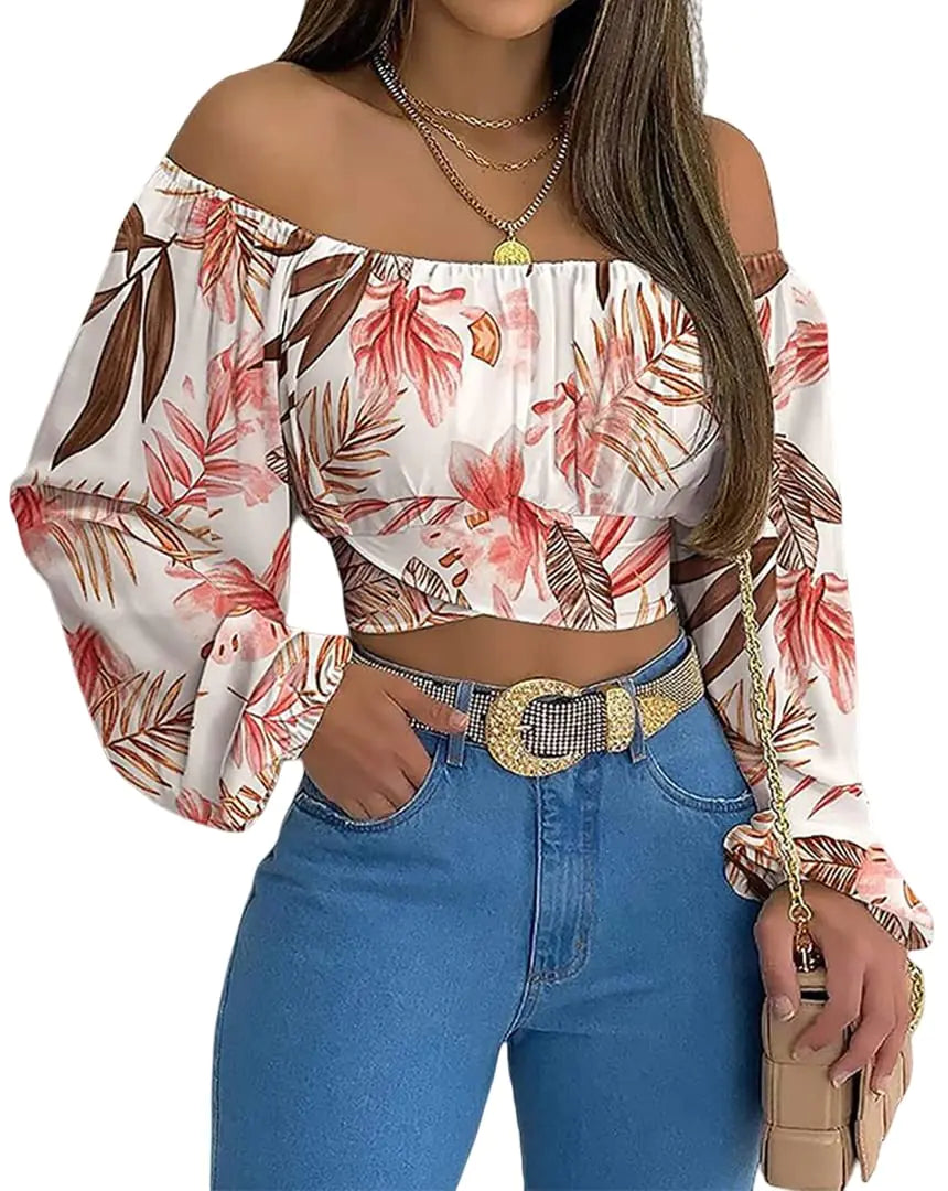 MIRACMODA Woman Off Shoulder Ruched Tie Back Crop Top Summer Lantern Sleeve Boho Shirt Blouse Large Leaves - Vivareflex Online