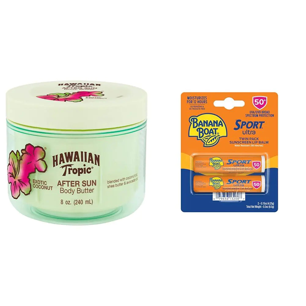 Manteca corporal After Sun de Hawaiian Tropic con aceite de coco, 8 oz y protector solar labial Banana Boat Sport Ultra SPF 50, paquete doble | Loción After Sun y bálsamo labial, paquete de 8 onzas líquidas (paquete de 1) Bálsamo labial After Sun+, SPF 50 