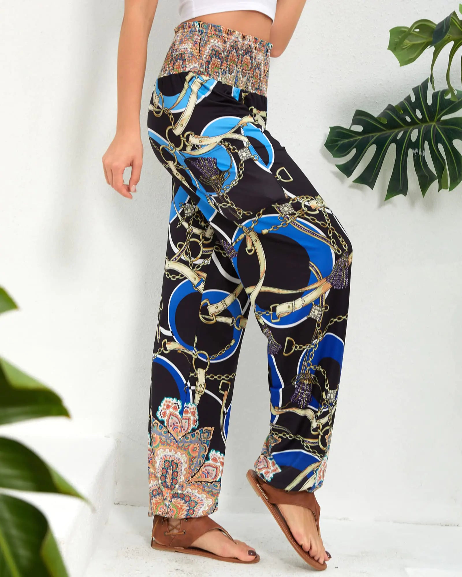 Pantalones harén para mujer QIANXIZHAN, pantalones bohemios de yoga de cintura alta con bolsillos y cadena grande azul 