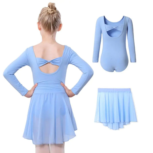 DIPUG Justaucorps de ballet pour filles avec jupe amovible Robe de danse à dos creux pour tout-petits Combo manches longues 10-12 ans Bleu-manches longues