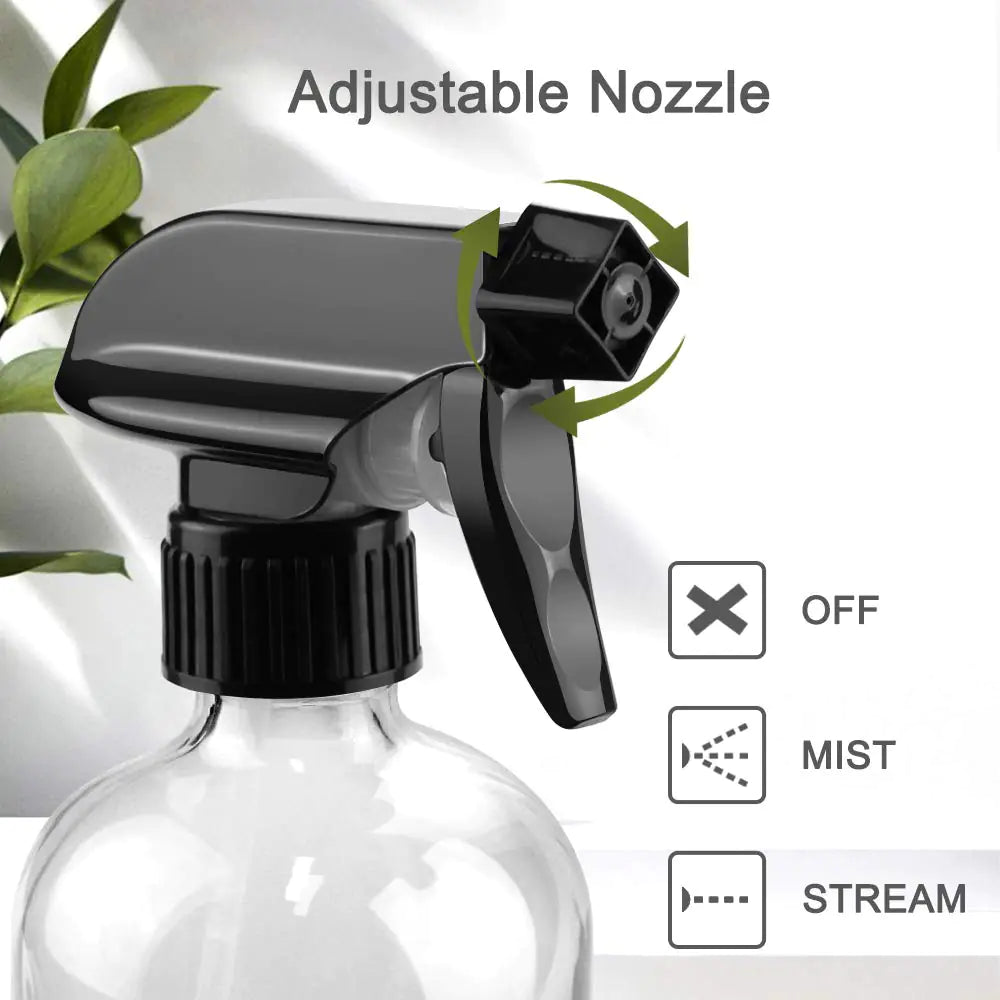 16oz Clear Glass Spray Bottles with Labels & Adjustable Nozzle – Reusable Cleaning Containers