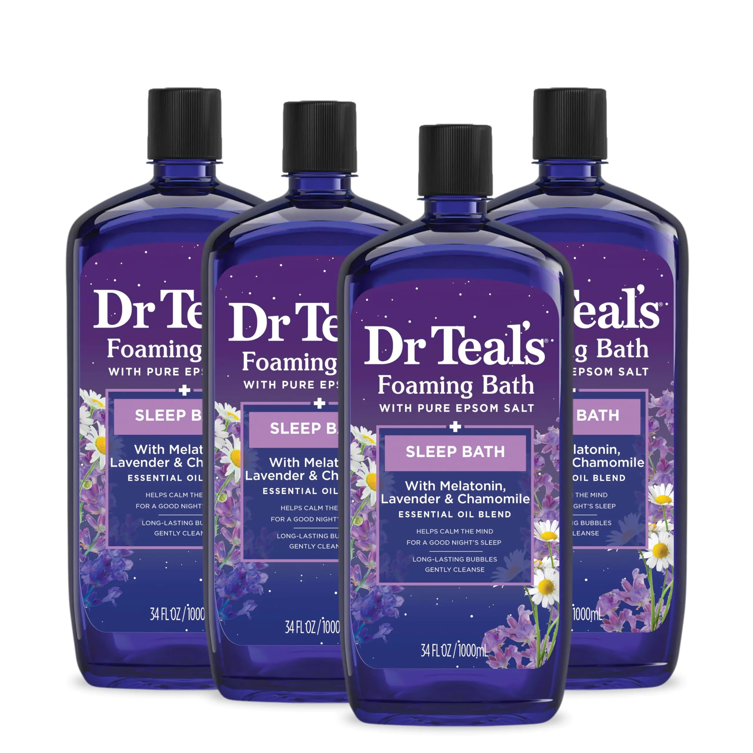 Baño espumoso con sal de Epsom pura del Dr. Teal, mezcla para dormir con melatonina, aceites esenciales de lavanda y manzanilla, 34 onzas líquidas (paquete de 4) (el empaque puede variar) 