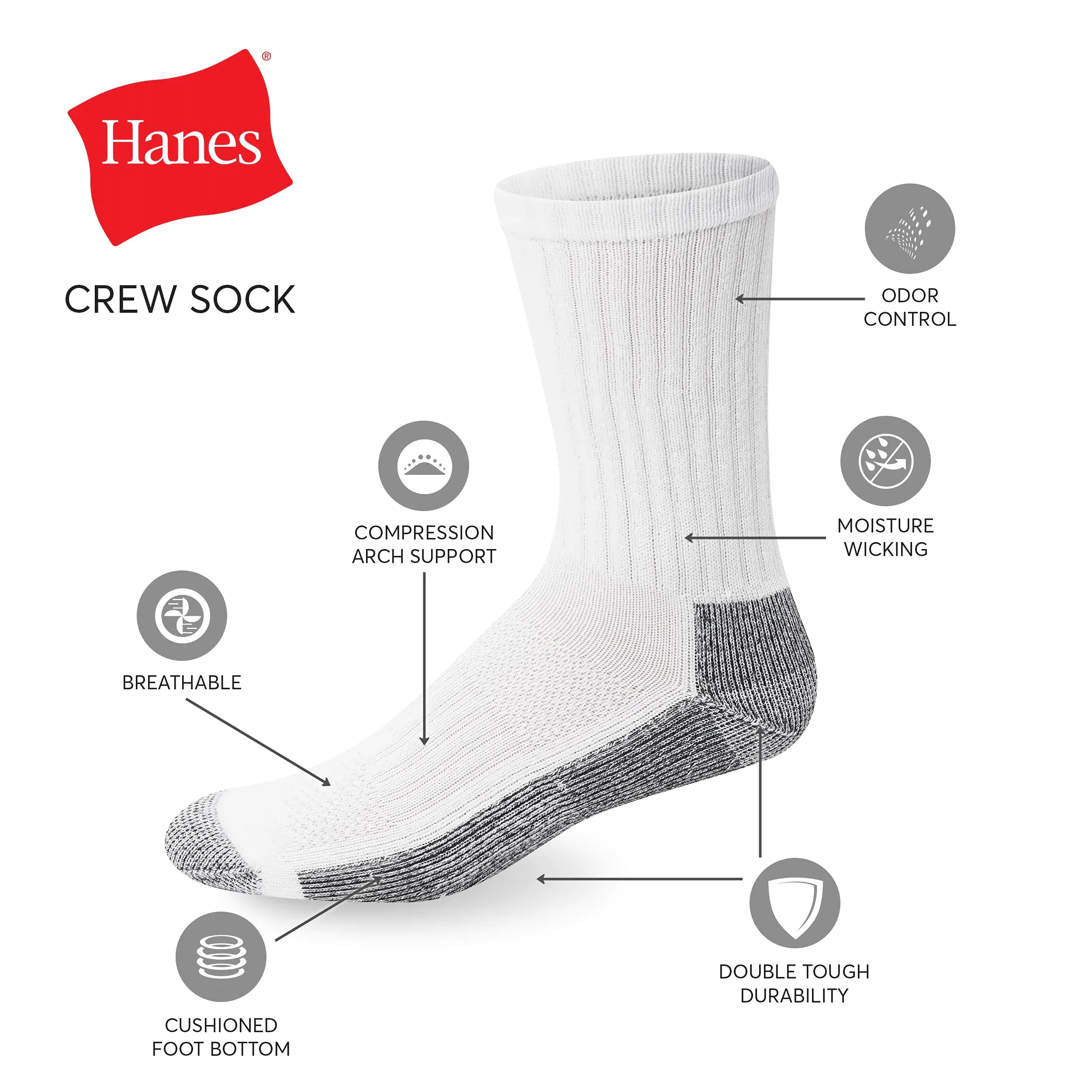 Hanes Men's Work Socks, 6-Pack 6-12 Black