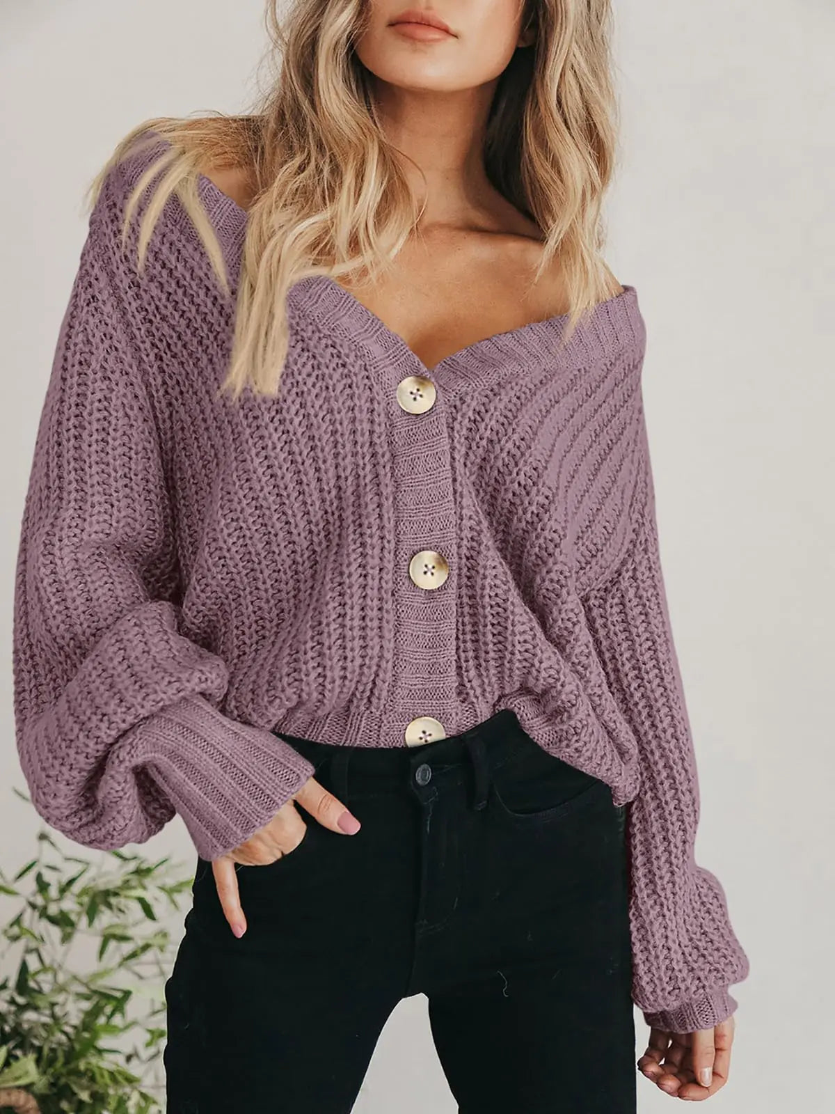 PRETTYGARDEN Pull en tricot épais ouvert sur le devant pour femme, manches longues, boutons, cardigan court ample, vêtements d'extérieur, manteaux, brume d'orchidée moyenne