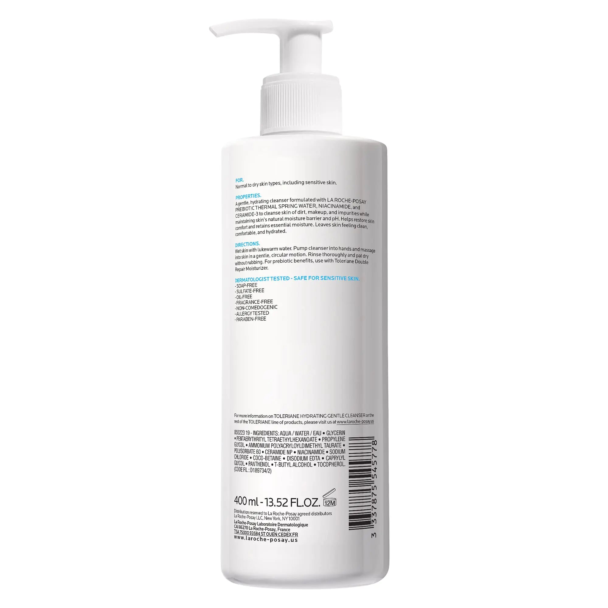 La Roche-Posay Toleriane Hydrating Gentle Face Cleanser | Hydrating Facial Cleanser With Niacinamide + Ceramides | Daily Face Wash For Dry Skin To Normal Skin | Sensitive Skin Tested | Fragrance Free 13.52 Fl Oz (Pack of 1)