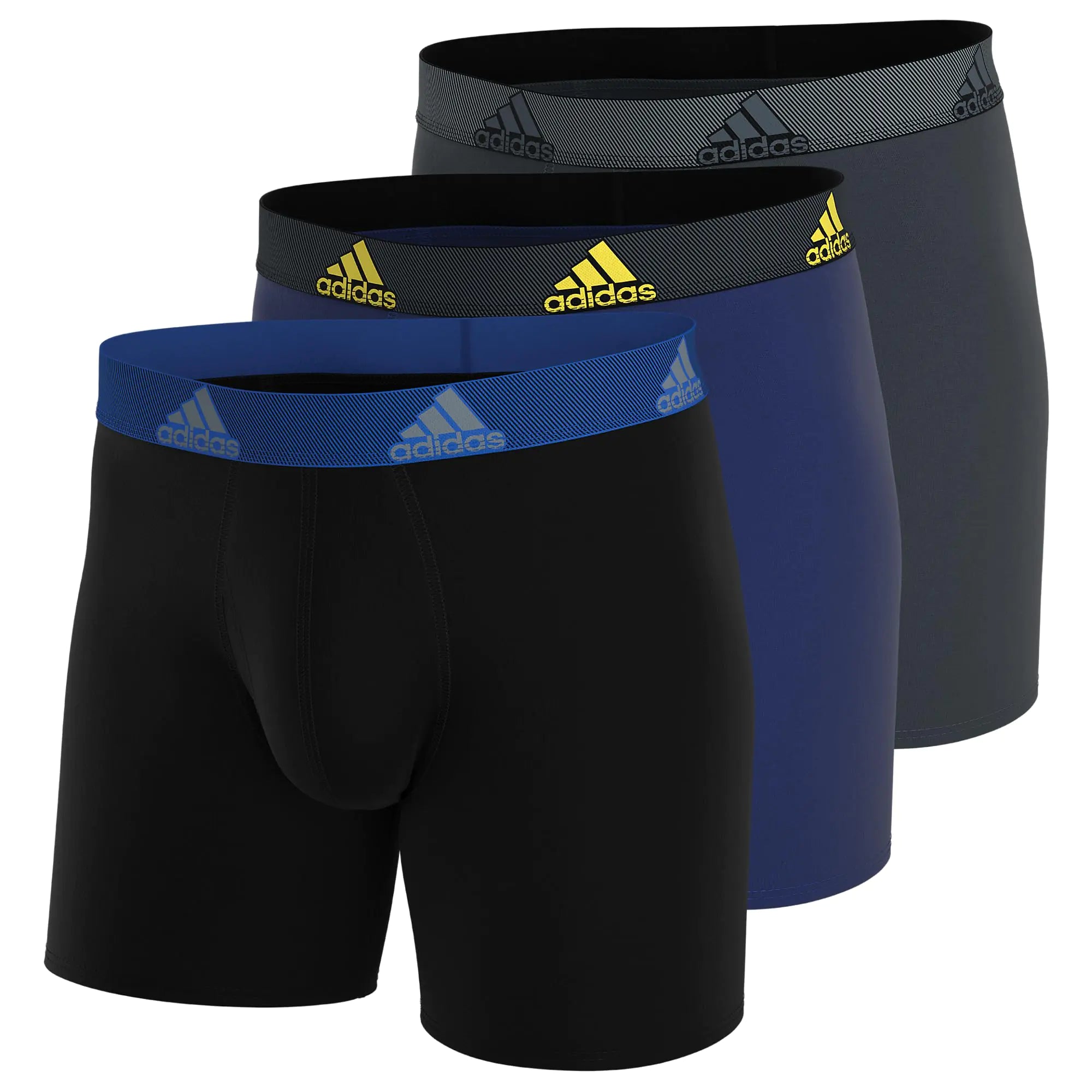 Calzoncillos tipo bóxer de microfibra de ajuste atlético para hombre de adidas (paquete de 3) en negro mediano, azul real y amarillo impacto 