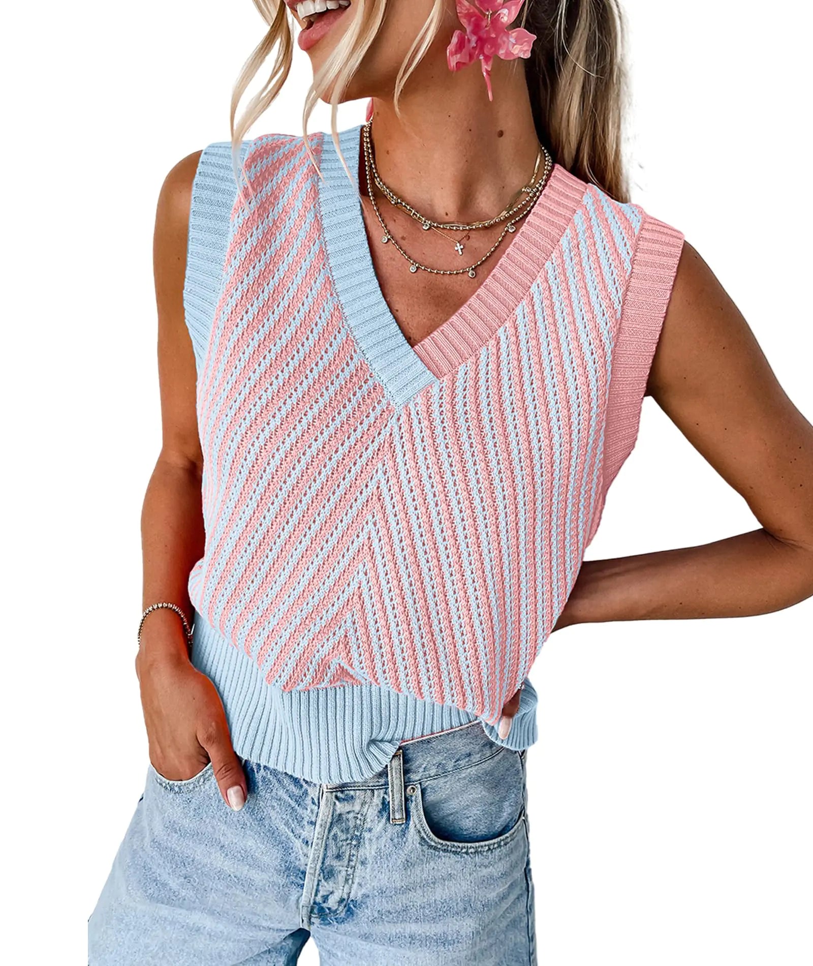 MARZXIN Womens Sleeveless Sweater V Neck Casual Strawberry Pink Contrast Chevron Knit V Neck Sweater Vest - Vivareflex Online