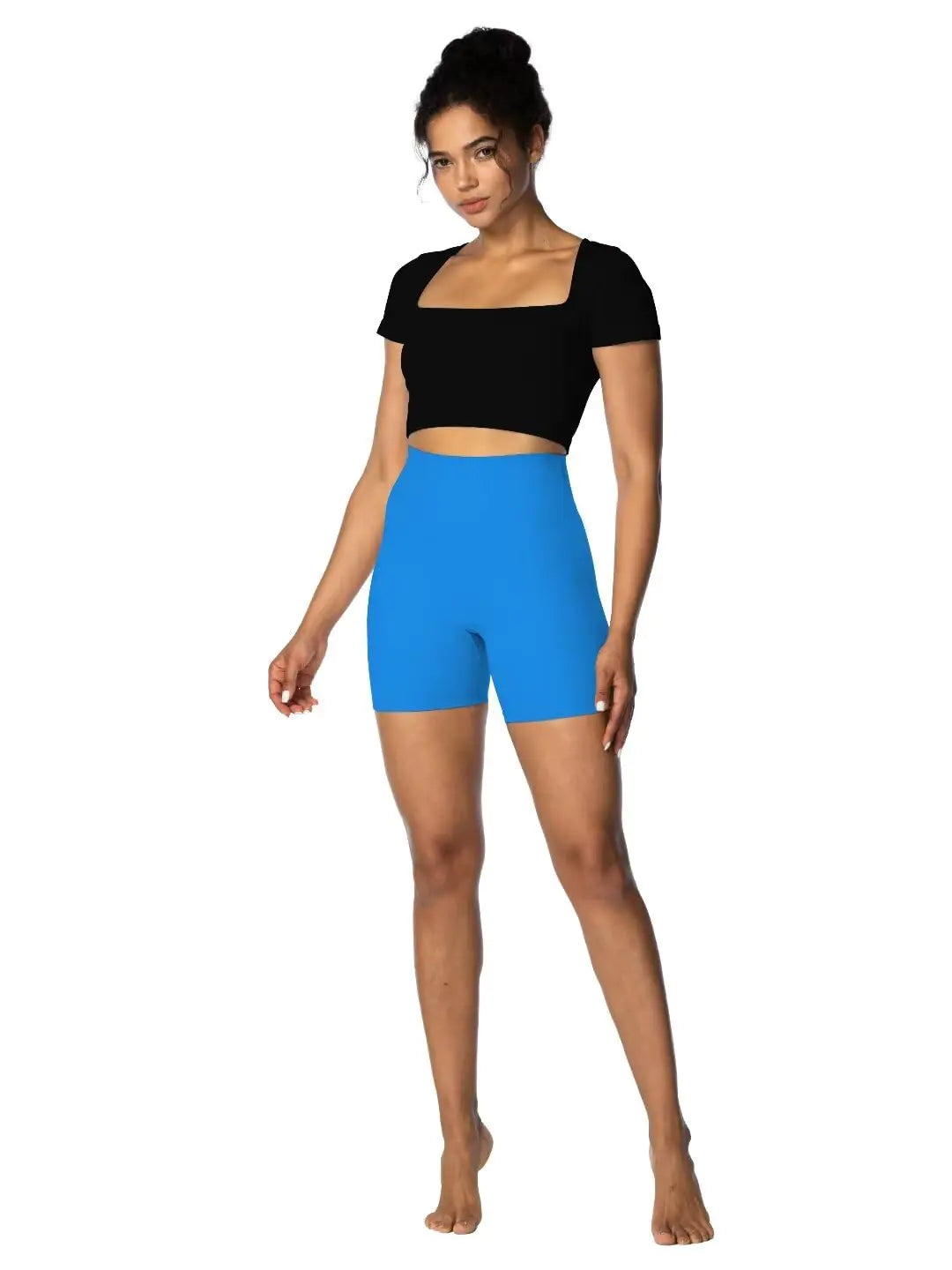 Sunzel Short taille haute pour femme avec effet froissé et fessier caché, short de motard, short de sport, de yoga, de course à pied, avec contrôle du ventre, entrejambe de 15,2 cm, taille XS, bleu classique