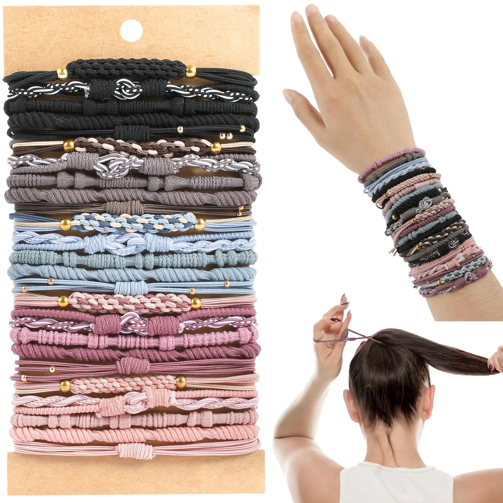 Accessoires pour cheveux, 25 pièces de 5 styles de bracelets élastiques pour cheveux bohèmes avec perles - Bandes élastiques mignonnes pour cheveux épais ou fins, sans dommages, rose pour filles et femmes D-BOHO