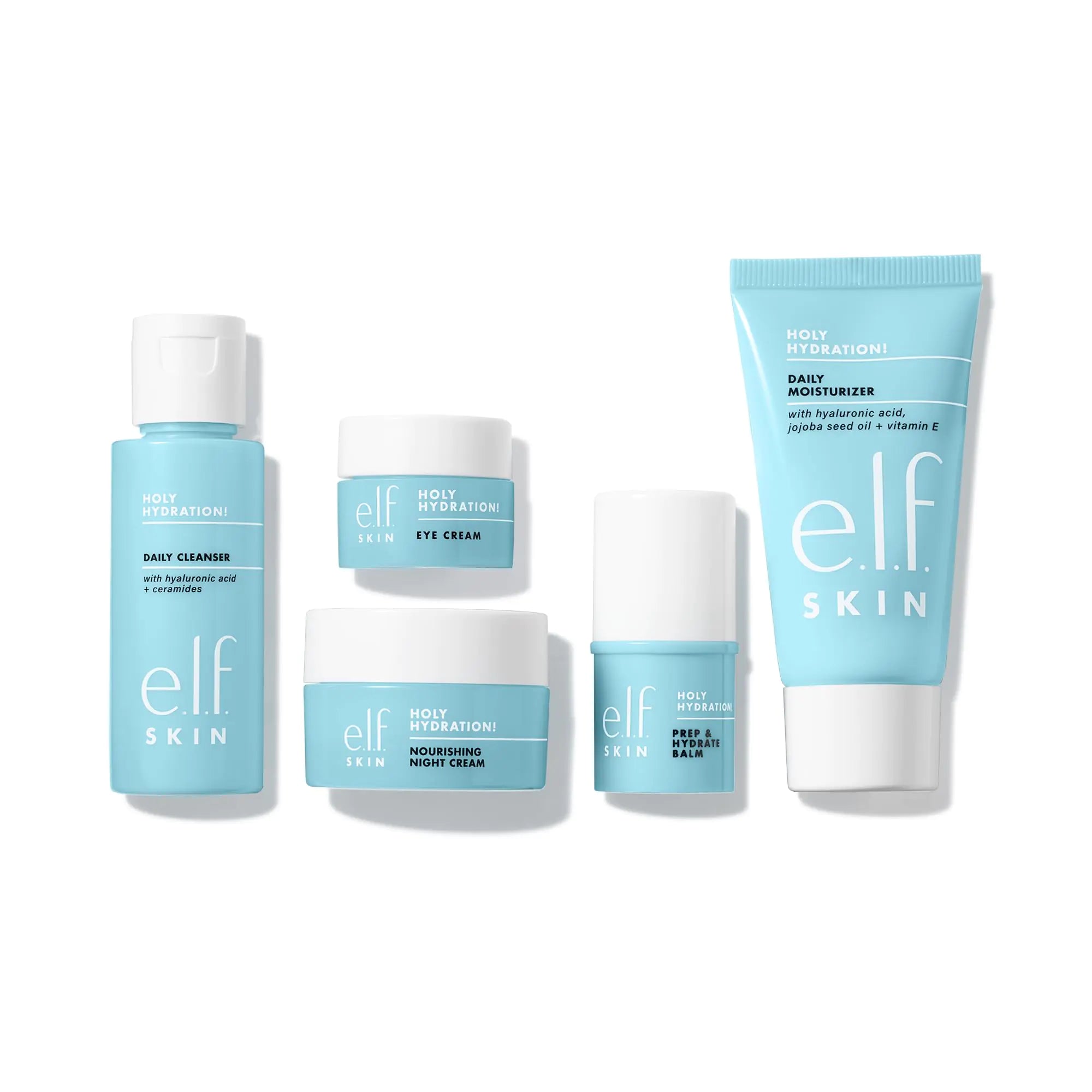 Kit de hidratación Jet Set de Elf, kit de cuidado de la piel hidratante apto para viajes, limpiador facial, bálsamo, humectante, crema para ojos y crema de noche, vegano y libre de crueldad animal 