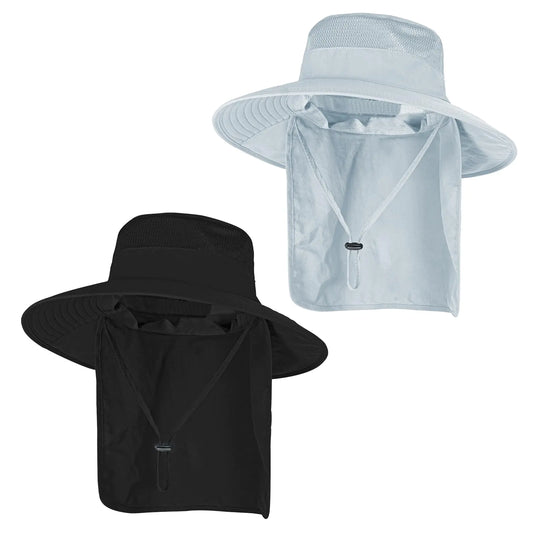 Chapeaux de soleil pour hommes et femmes, chapeau de pêche UPF 50+, chapeau seau à large bord respirant, protection UV d'été, chapeau de safari avec rabat de cou, noir/gris clair 2