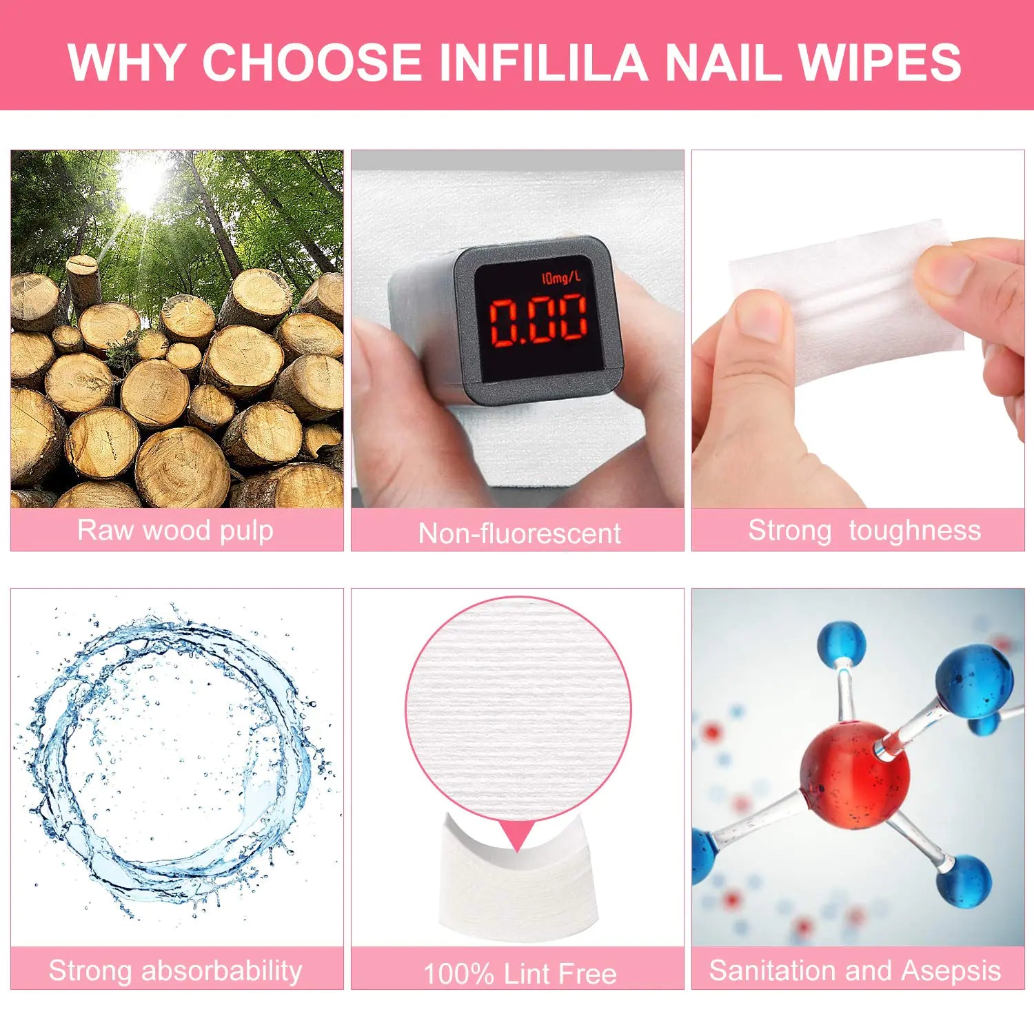 NXJ INFILILA Lint Free Nail Wipes 600PCS Absorbant No Lint Nail Wipes for Gel Nail Natural Wood Pulp Nail Polish Remover Pads for Professional Soak Off Gel Nail Polish Remover & UN-Dry Gel Polish 1.53x2.36 Inch (Pack of 600)