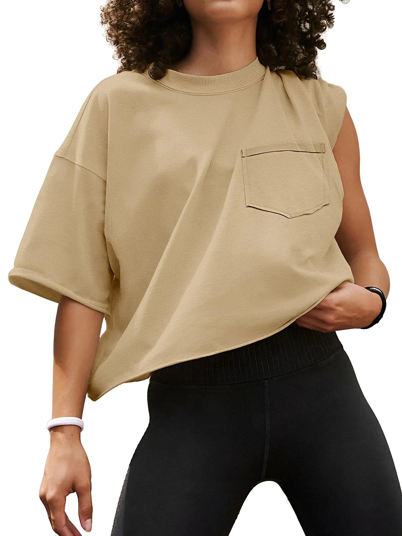 ATHMILE Womens Oversized T-Shirts Short Sleeve Workout Crop Tops Casual Drop Shoulder Boxy Roll Hem Basic Loose Tees Medium Lightkhaki