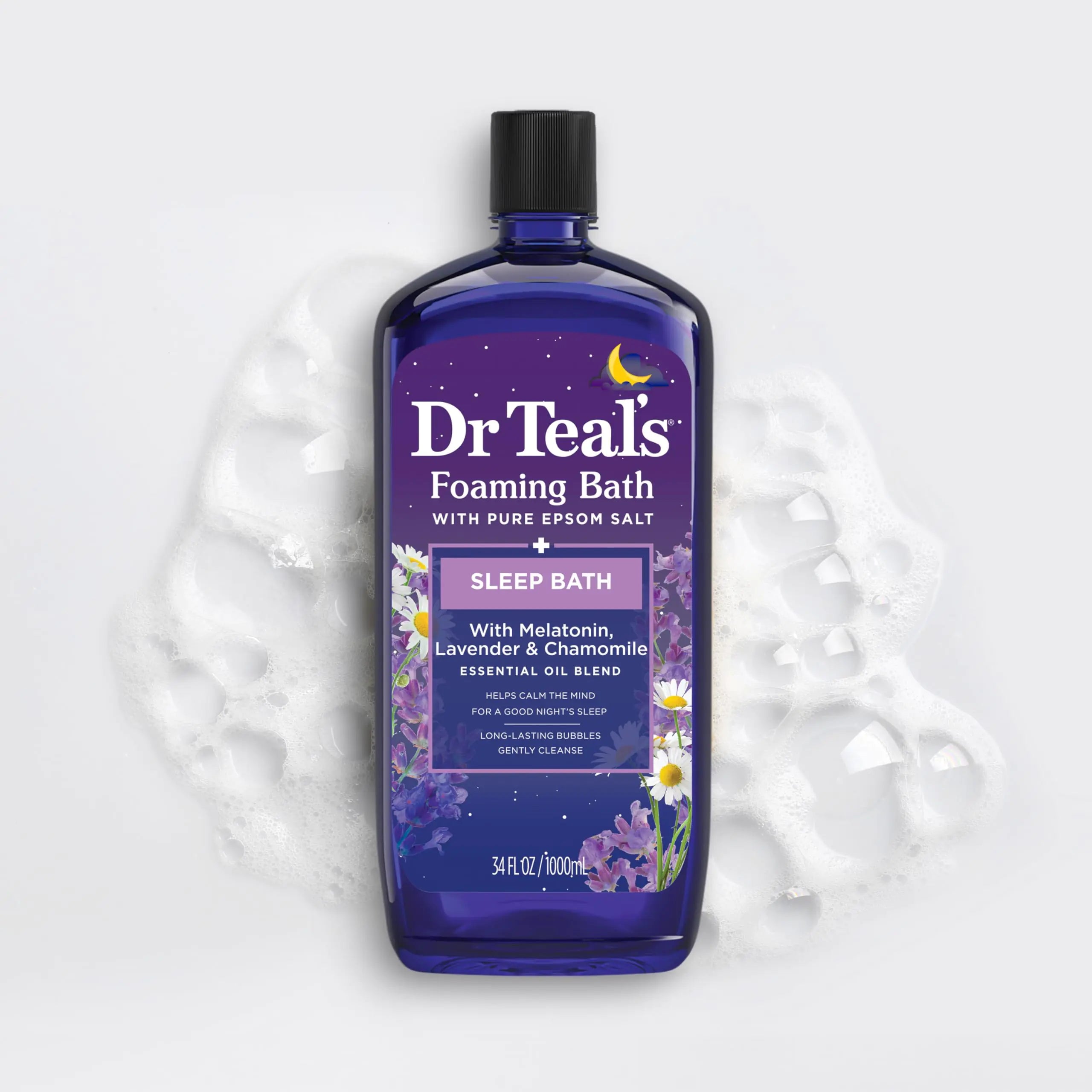 Baño espumoso con sal de Epsom pura del Dr. Teal, mezcla para dormir con melatonina, aceites esenciales de lavanda y manzanilla, 34 onzas líquidas (paquete de 4) (el empaque puede variar) 