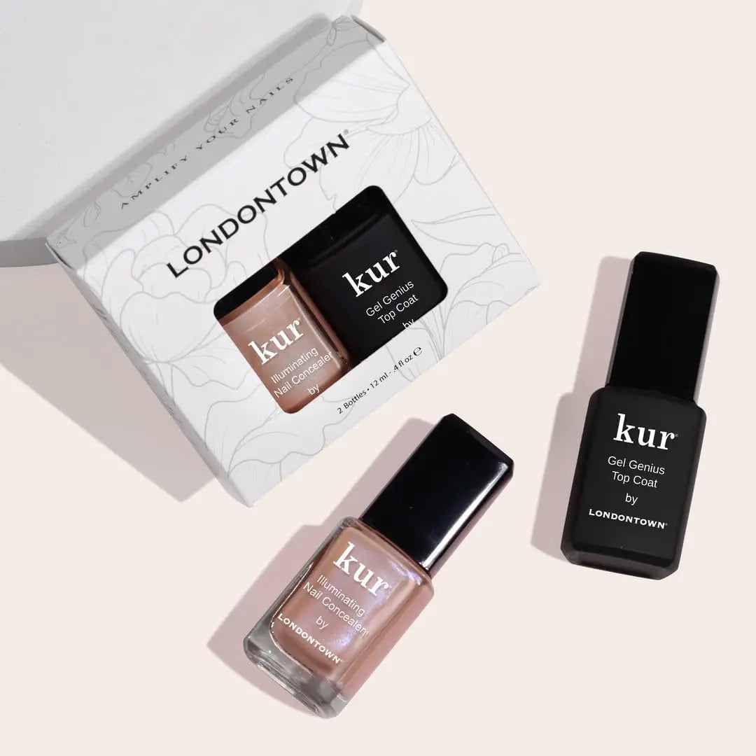 LONDONTOWN kur Nail Conceal & Go Duo Set, incluye corrector iluminador de uñas y capa superior Gel Genius, juego de 2 piezas, 0.4 fl oz Go Bare + Top Coat 