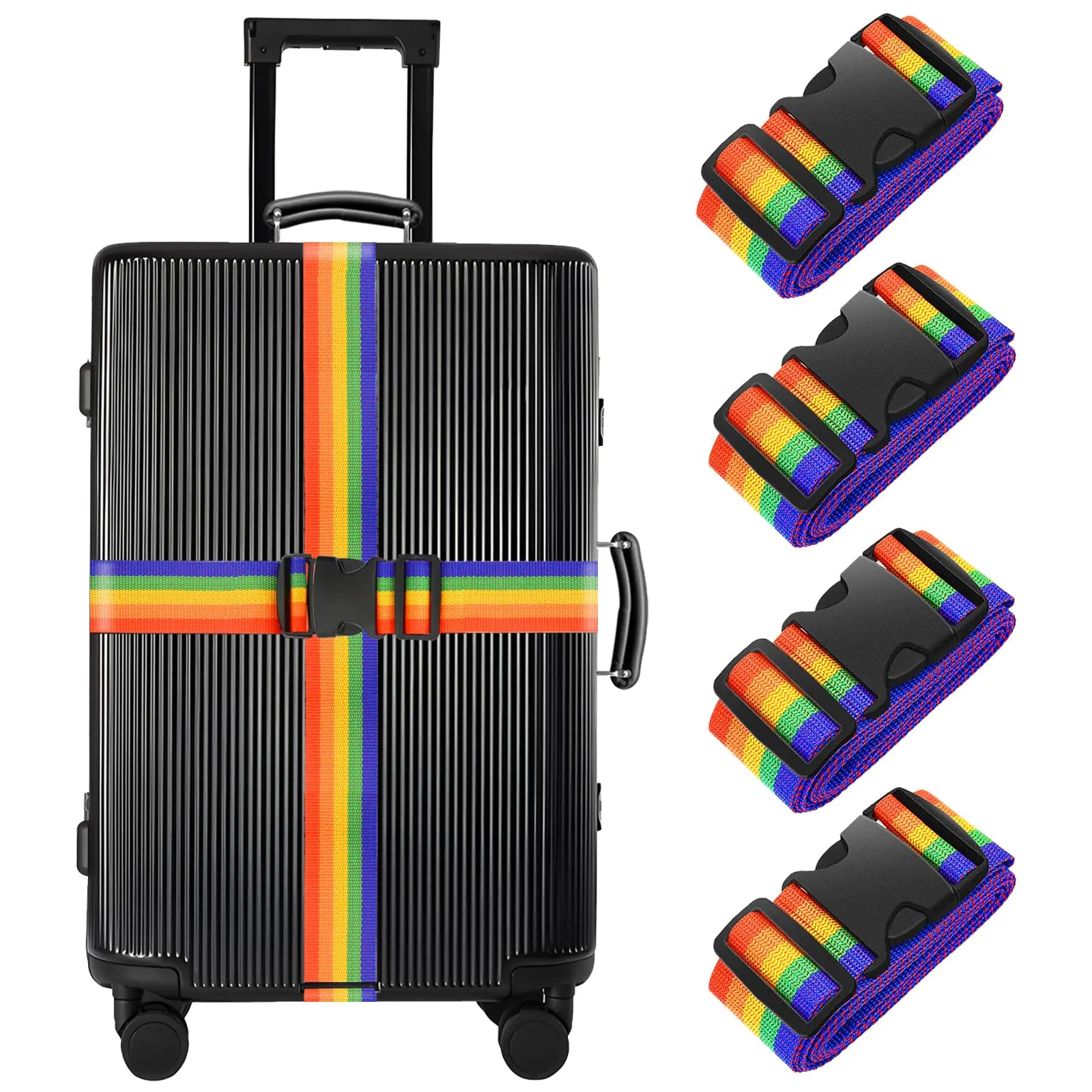 BILIONE Lot de 4 sangles de bagage de 200 cm de long pour maintenir la valise en sécurité pendant le voyage, approuvées par la TSA. Ajoutez un accessoire de qualité supérieure pour la fermeture du sac de voyage (4 pièces arc-en-ciel) 4 pièces arc-en-ciel