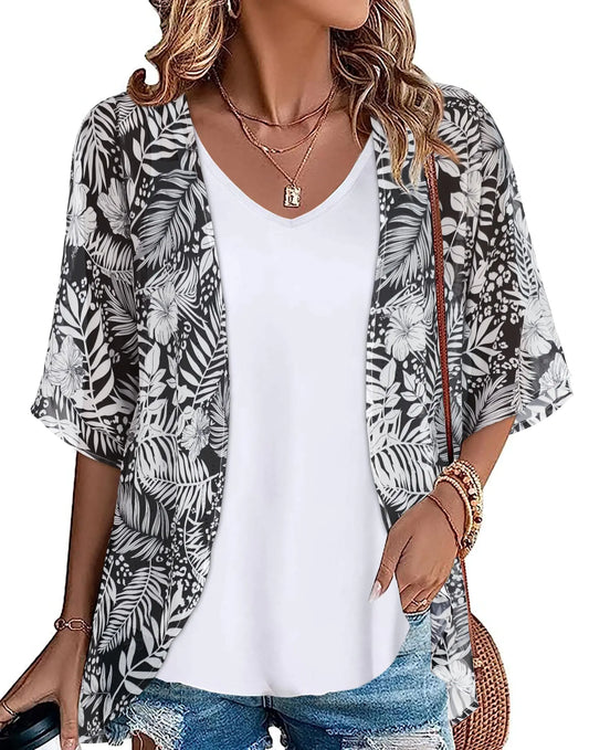 Kimono de plage pour femme en mousseline de soie, cardigan, hauts à fleurs, capes amples, feuilles blanches, taille XX-Large