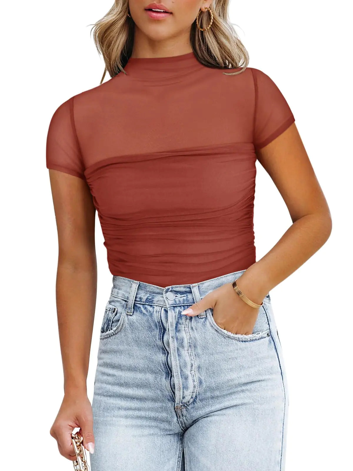 REORIA Women's Sexy Mock Turtle Neck Short Sleeve Bodysuit - Sheer Mesh Ruched Trendy Top in Rusty Red - Vivareflex Online