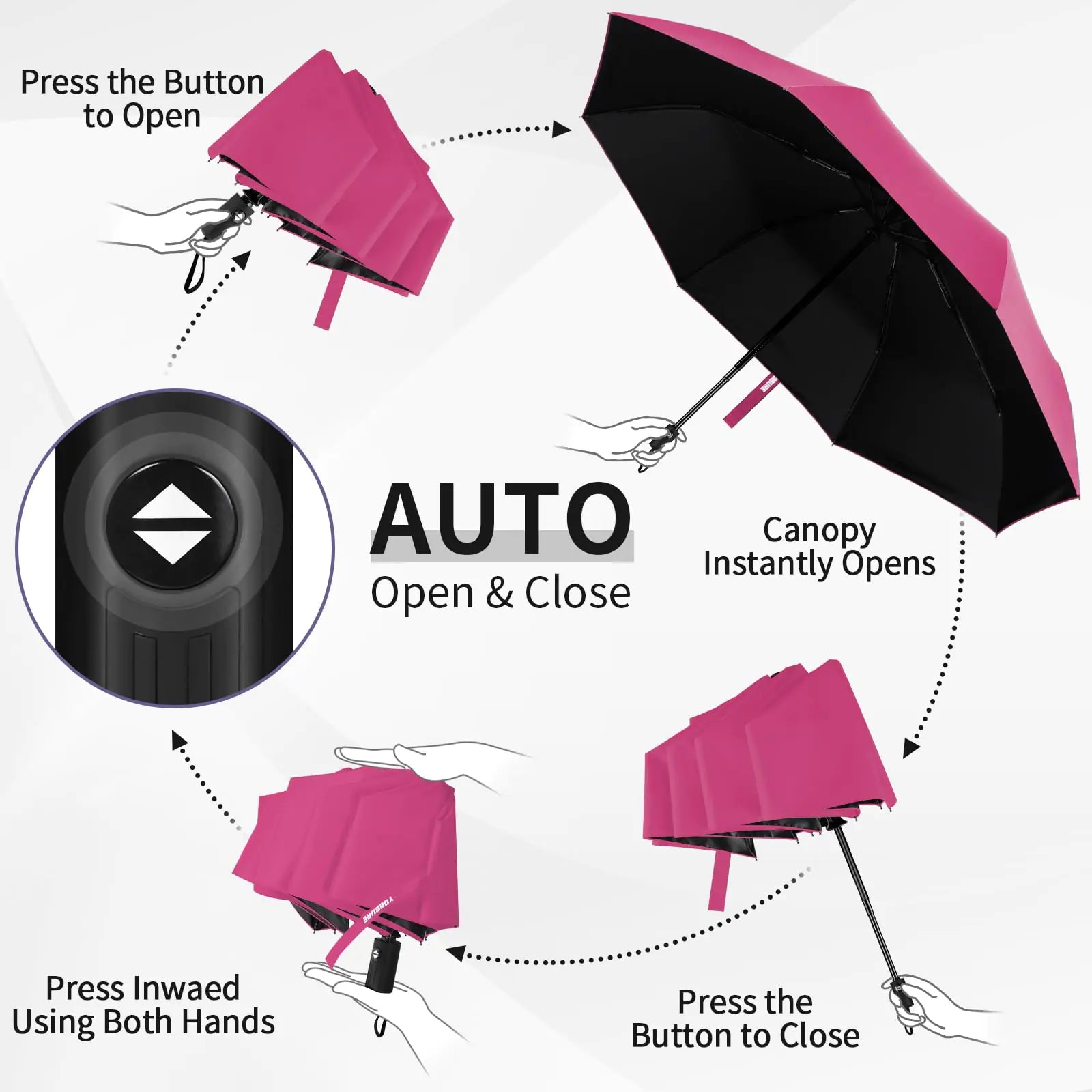 Yoobure Petit Mini Parapluie avec Étui Design Compact Léger Parfait pour Voyager Parasol Portable Léger Parapluies Extérieurs Soleil & Pluie Auto-Rose