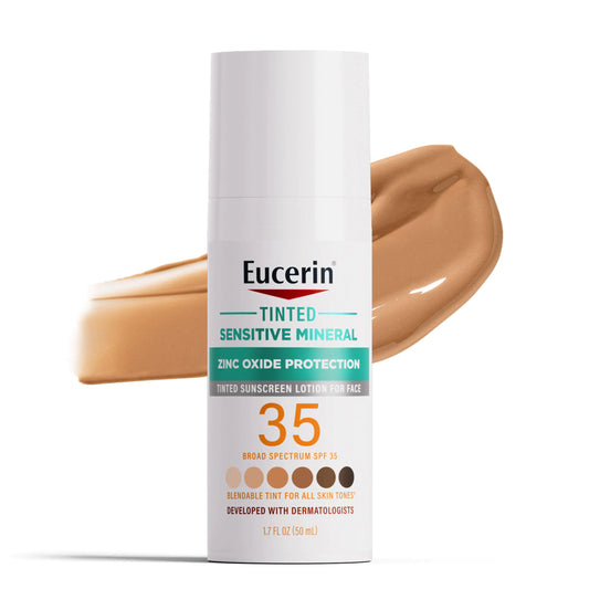 Eucerin Sun Tinted Mineral Face Sunscreen Lotion SPF 35, écran solaire minéral non comédogène avec protection douce à l'oxyde de zinc pour les peaux sensibles, flacon de 1,7 fl oz