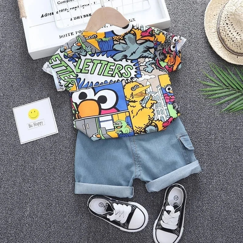 Kid Boys' Summer Graffiti Outfit with Sunhat: T-shirt & Denim Shorts Set Vivareflex Online