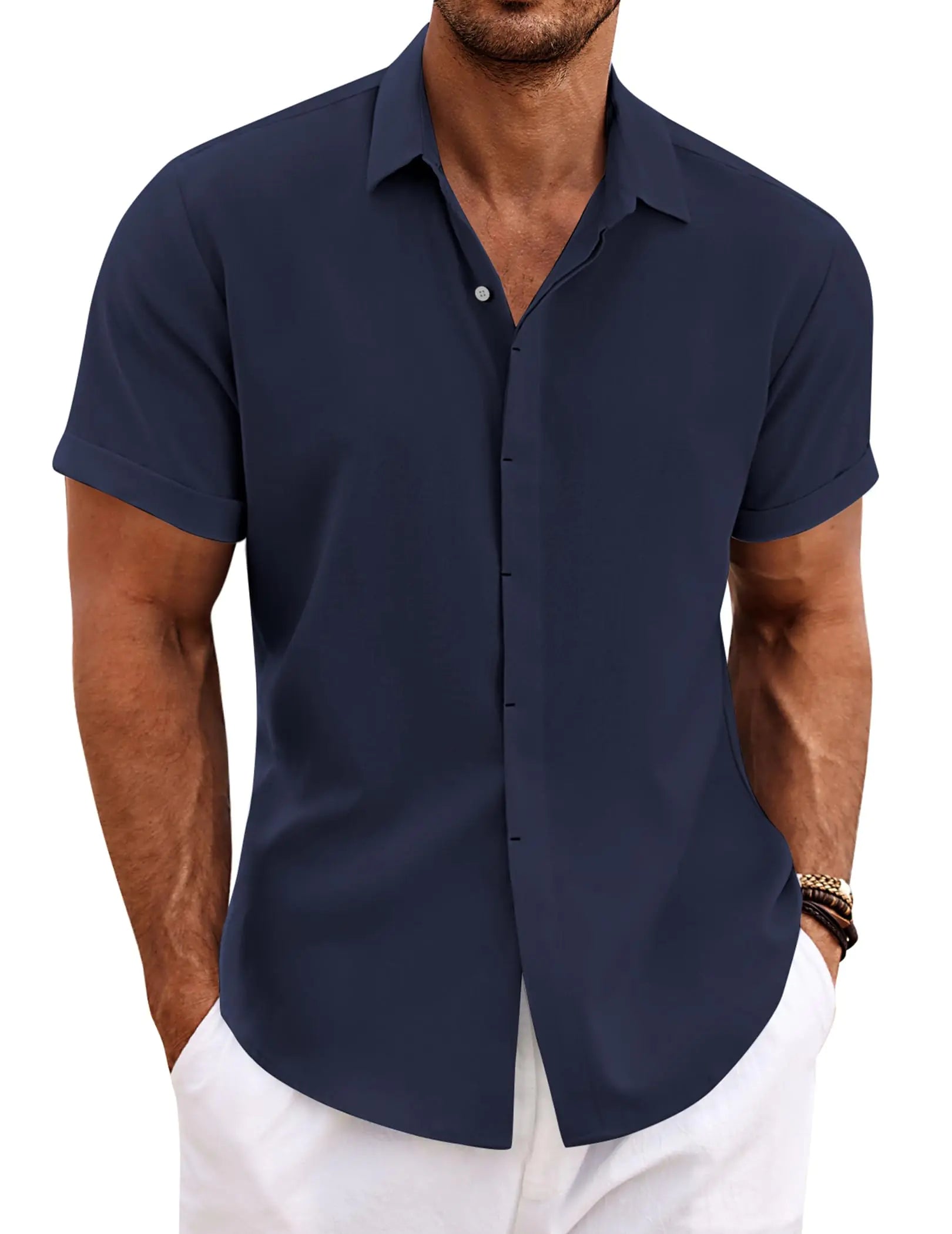 Chemises en lin pour hommes COOFANDY Chemises décontractées à manches courtes Chemise boutonnée pour hommes