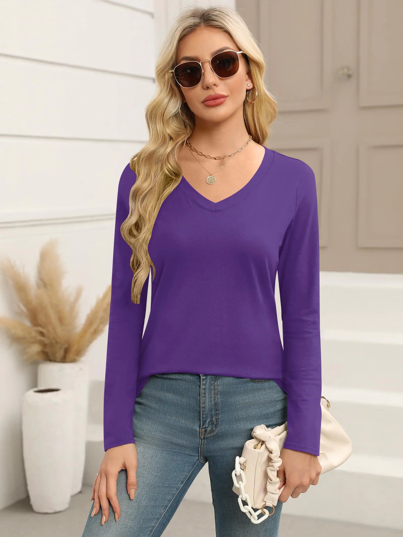 Elesomo Women Shirts V Neck Short/Long Sleeve Cotton Tops T-Shirt Basic Tees Large A:purple - Vivareflex Online