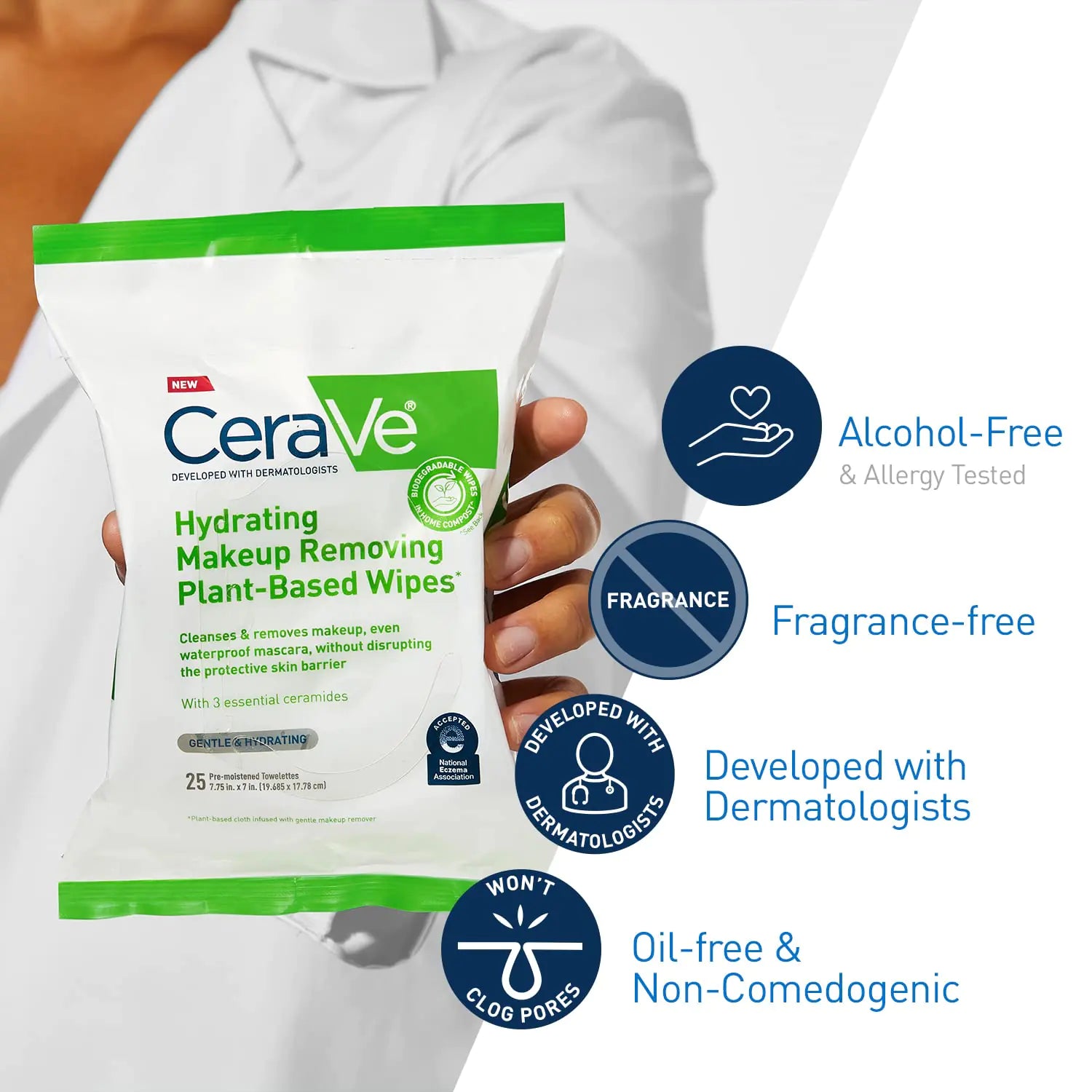 CeraVe Hydrating Facial Cleansing Makeup Remover Wipes| Plant Based Face Biodegradable in Home Compost| Wash Cloth| Suitable for Sensitive Skin| Fragrance-free Non-comedogenic| 25 Count