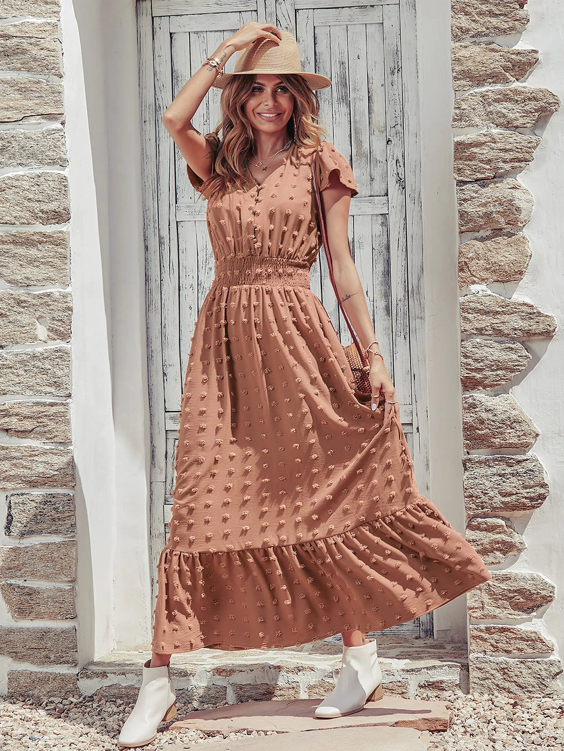 PRETTYGARDEN Women’s Boho Maxi Dress – Swiss Dot Ruffle Tiered Smocked Cocktail Dress - Vivareflex Online