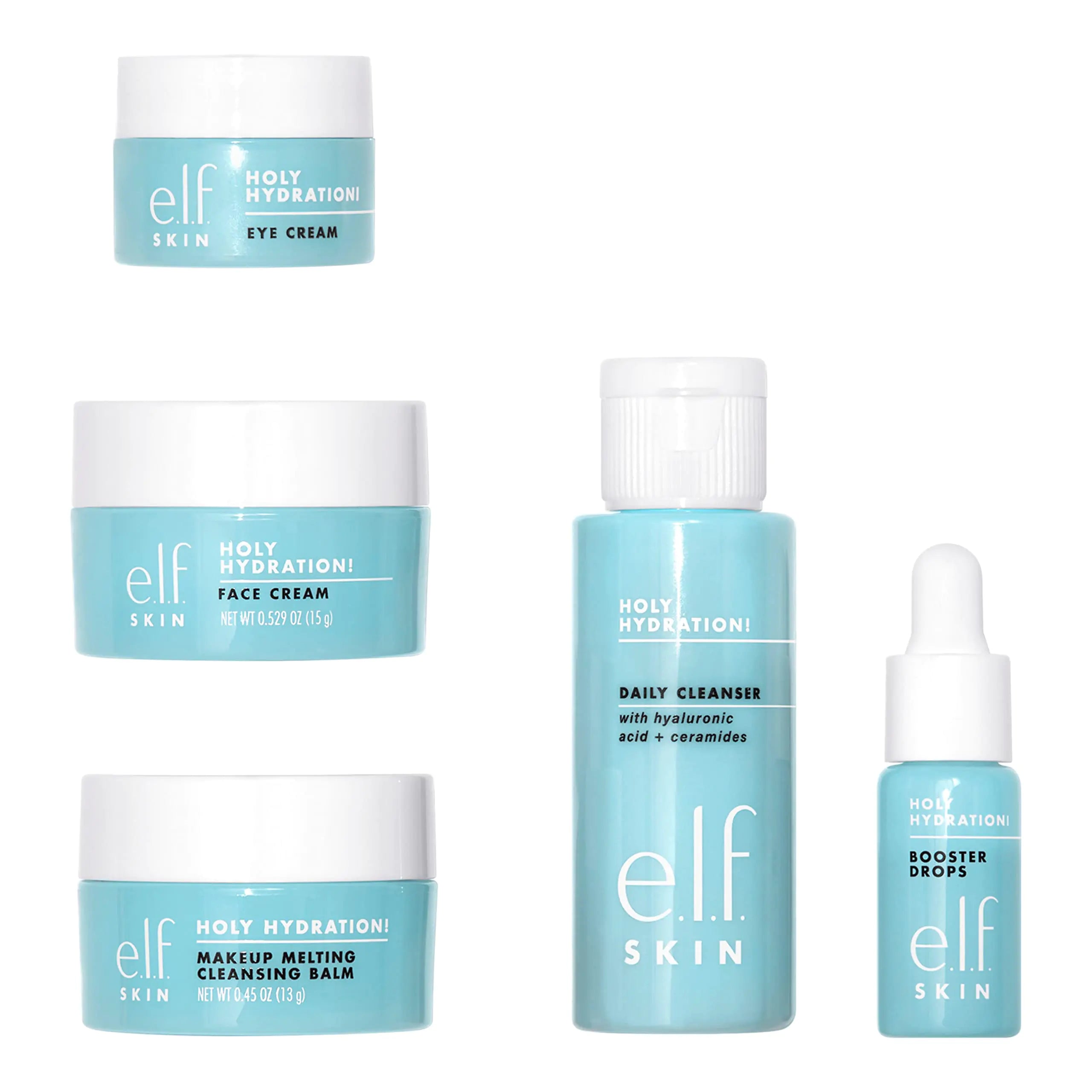 Minikit de cuidado de la piel elf SKIN Hydrated Ever After, limpiador, desmaquillador, humectante y crema para ojos para hidratar la piel, tamaños aptos para aviones 