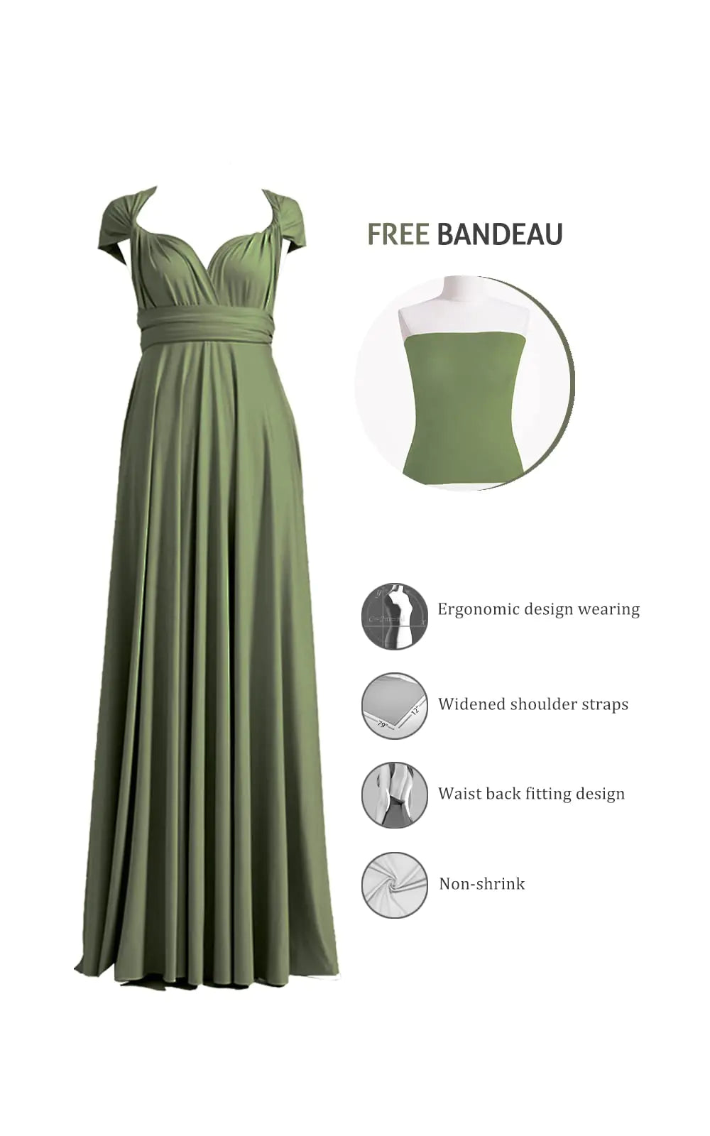 Vestido Infinity de 72 estilos con bandeau, vestido de dama de honor convertible, largo, talla grande, vestido multiusos, vestido cruzado con giro, talla única, verde oliva 